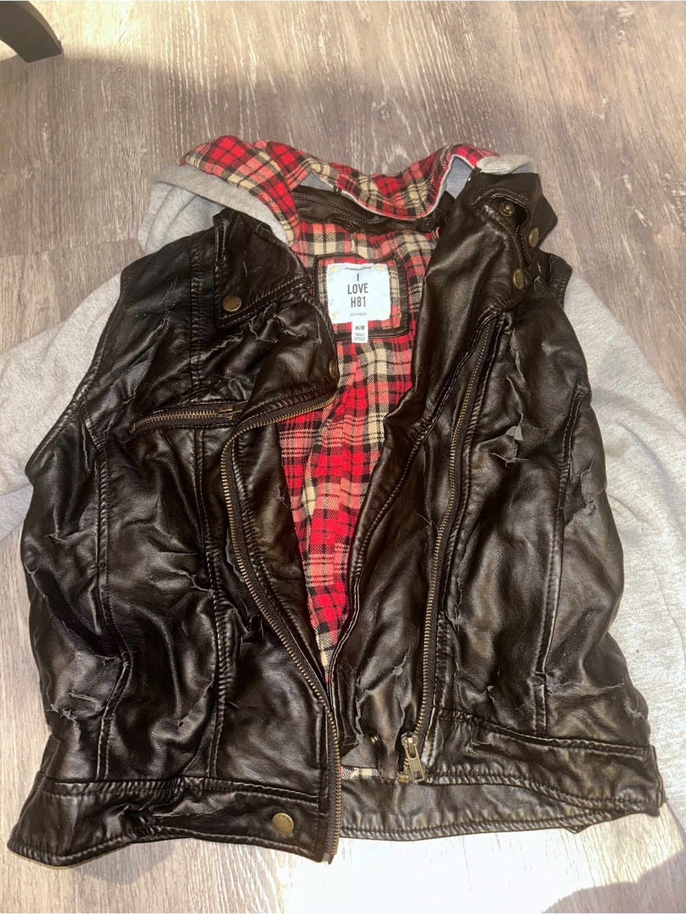 American Eagle Outfitters Black Leather Jacket with Red Plaid Lining